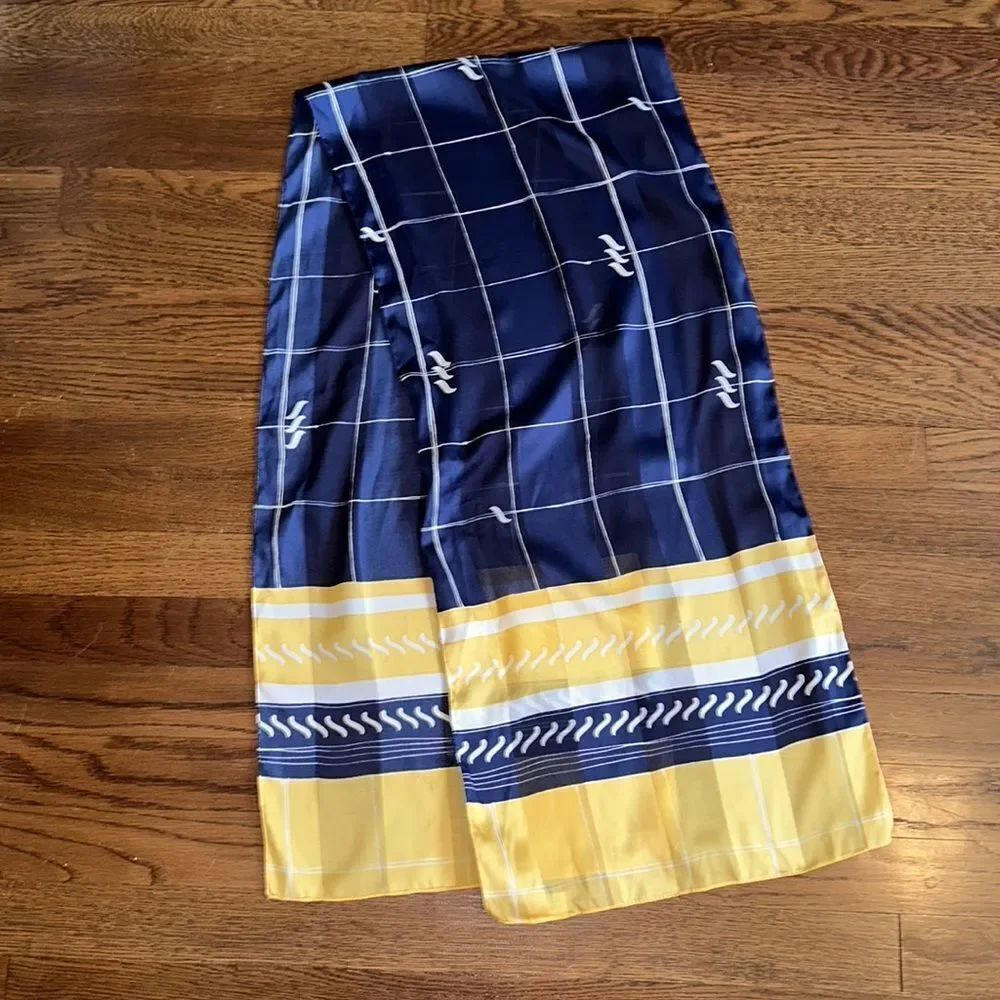 Vintage mid Century I.Shalom & Co navy blue, yellow &‎ white polyester scarf